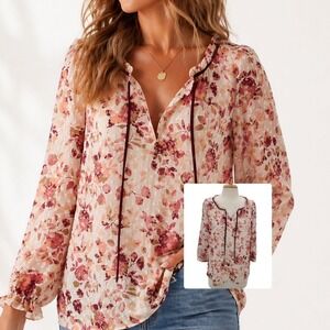 LC Lauren Conrad Floral Chiffon Blouse M Sheer Tie Neck Boho Romantic Top